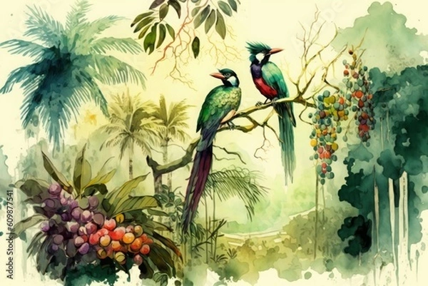 Fototapeta Watercolor style, landscape on a tropical forest with trees, palms and branches standing on it, colorful birds and fruits, Generative ai