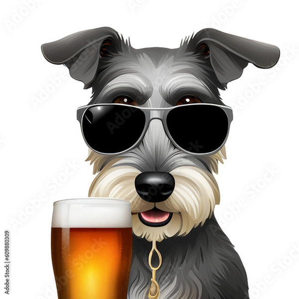 Fototapeta Miniature Schnauzer Dog With Sunglasses Drinking BeerMiniature Schnauzer Dog With Sunglasses Drinking Beer