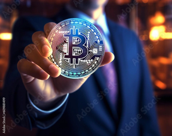 Fototapeta Closeup of a businessman holding Bitcoin hologram. Created with generative AI technology.
