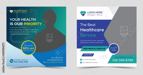Fototapeta Medical healthcare and dental promotion social media post layout set for hospital with stories or square web ads flyer template ads