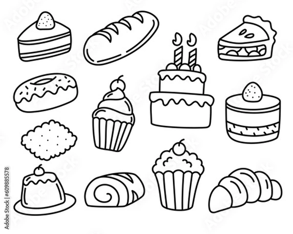 Fototapeta Set of cake doodle illustrations isolated on white background. Hand-drawn cakes vector illustrations