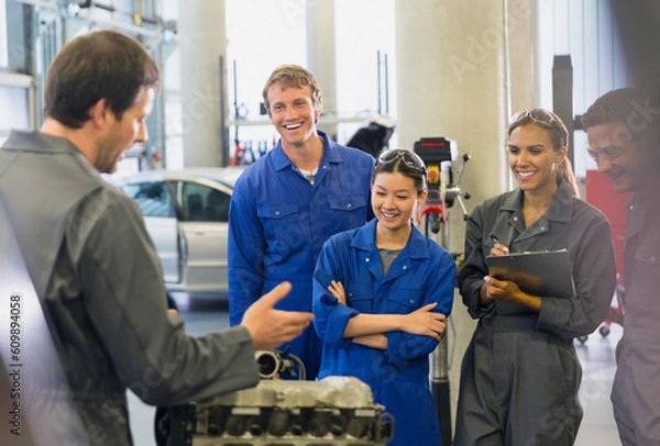 Obraz Mechanics discussing car engine in auto repair shop