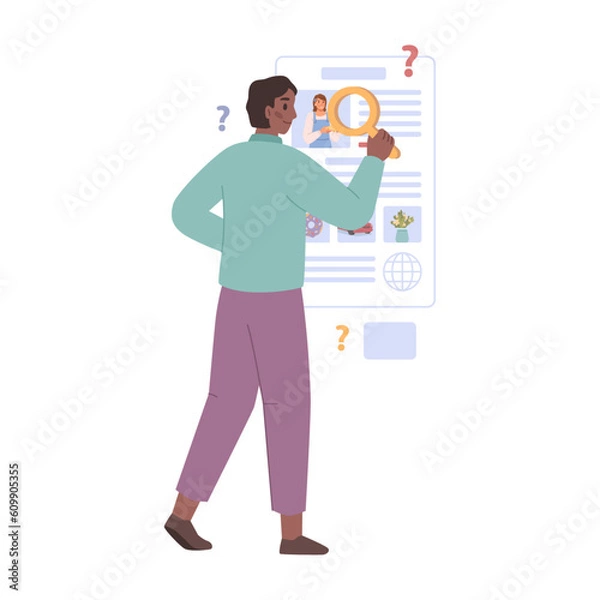 Fototapeta Check truth and don't share fake news. Male hand holding newspaper and magnifier searching for fake news. False info fabrication, media information source, vector illustration
