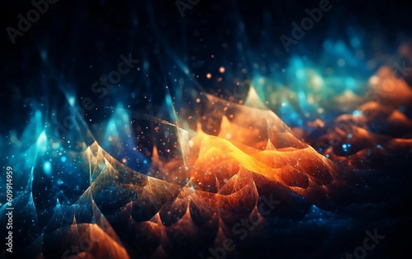 Obraz Visualization of orange and blue wave particle. Generative AI technology.