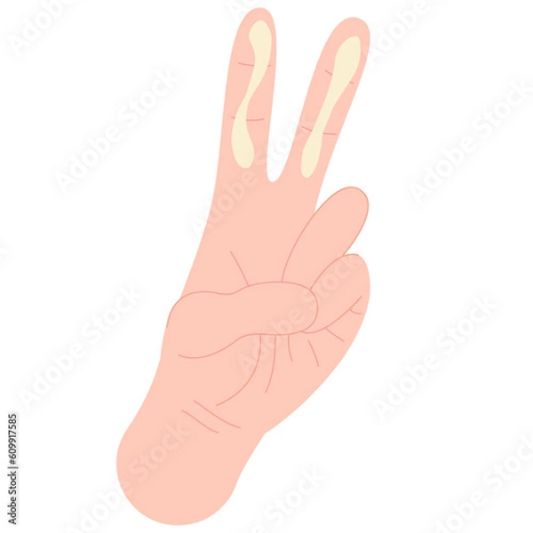 Fototapeta Hand with SPF cream on two fingers. How much to apply sunscreen cream on a face. Skin care routine.	
