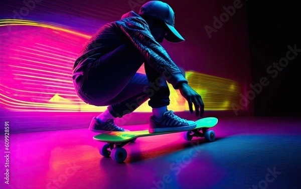 Obraz Skater skate the skateboard at the neon light background. Generative AI.
