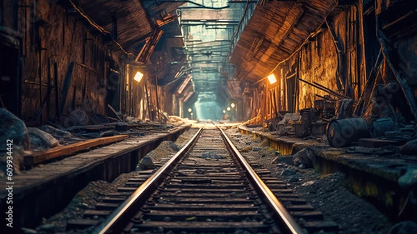 Fototapeta train track in a tunnel. Generative Ai
