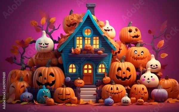 Obraz 3d halloween background with spooky pumpkins and colorful house