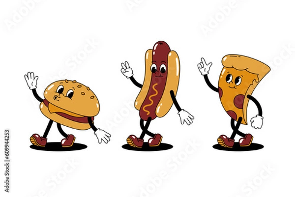 Obraz Vector set with cartoon retro mascots colored illustrations of walking street food - hamburger, pizza and hot dog. Vintage style 30s, 40s, 50s old animation. Stickers isolated on white background.