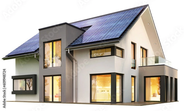 Obraz Modern house with solar panels on a transparent background