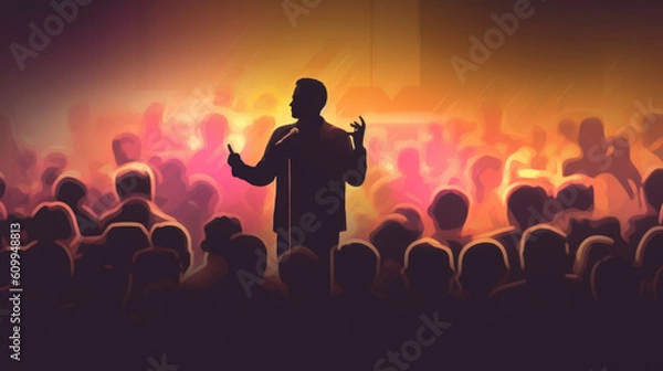 Fototapeta A Person with a Microphone Speaking in Public in Front of an Audience. Illustration for a Presentation or Motivational Talks and Tips. With Licensed Generative AI Technology Assistance.