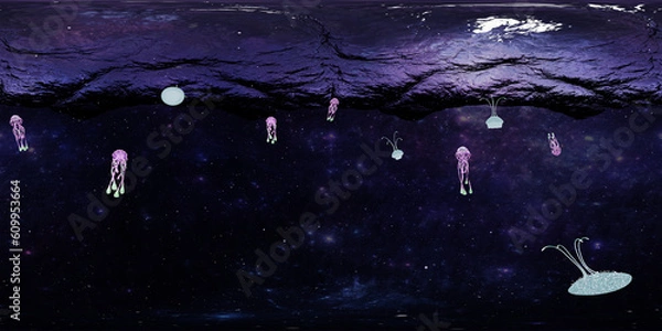 Obraz 3D Illustration; 3D Rendering; HDRI Panoramic 360 view, Equivalent projection, underwater ocean with pink jellyfish Landscape spherical panorama