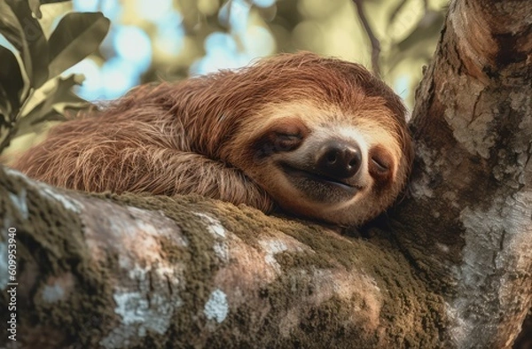 Obraz Cute brown sloth sleeping on the tree