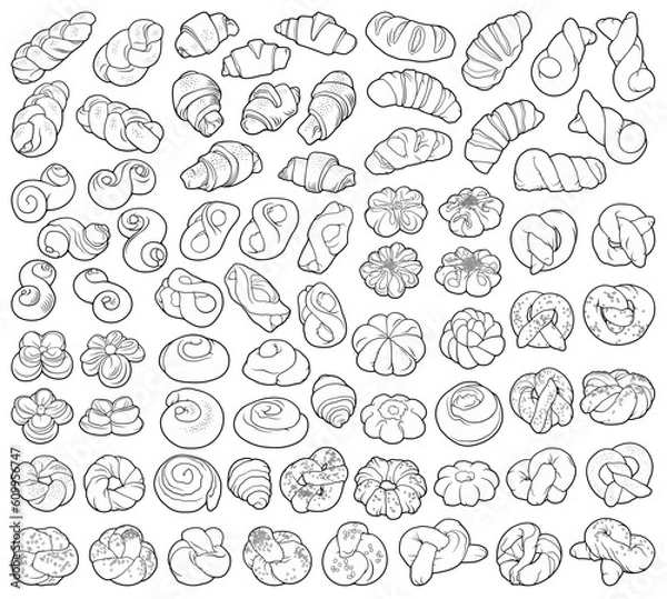 Obraz Bakery objects and elements cartoon set. Buns and pastries hand drawn doodle collection