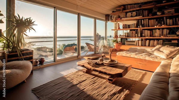Fototapeta Modern interior design with view on the ocean