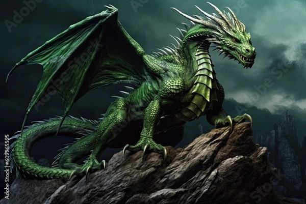 Fototapeta A large emerald dragon with open wings on a rock. Generate Ai. Generative AI