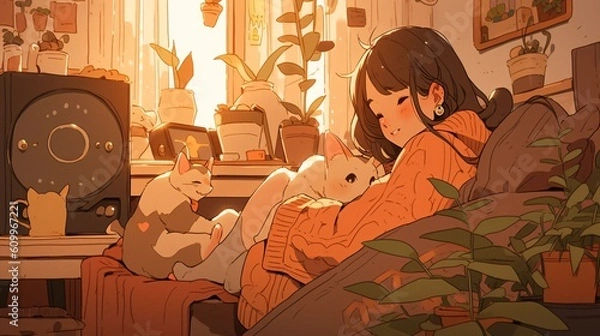 Obraz Cute lofi Girl in a room, anime manga bedroom wallpaper background design, colorful, Generative AI