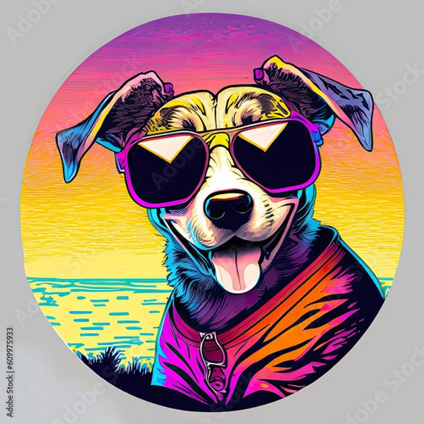 Fototapeta Happy Dog Wearing Sunglasess synthwave tshirt vector enclsoed in a circle sunset conto