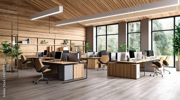 Fototapeta a roomy office and open space with two conference tables, wood walls, and a wooden desk, in the style of monochrome toning, photo-realistic landscapes, living materials, glazed surfaces, light silver 