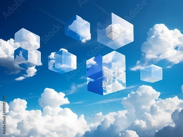 Fototapeta clouds and cubes and wireframe mesh surreal sky