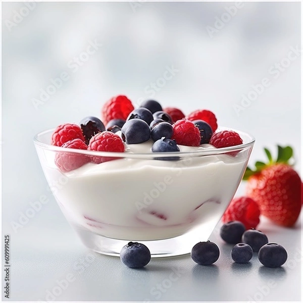 Obraz Yogurt with forest berries in bowl on white wooden table Generative AI