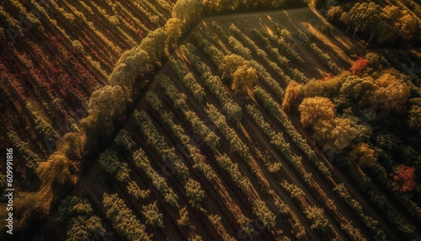 Fototapeta Harvesting grapes in a multi colored autumn vineyard landscape generated by AI