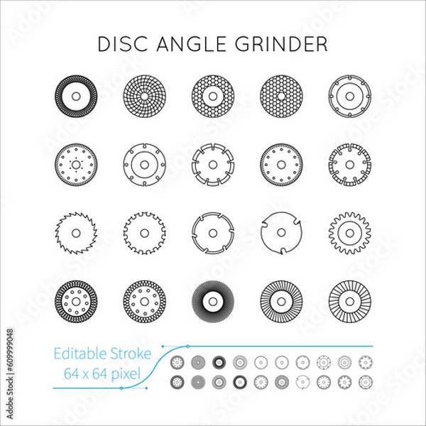 Obraz Diamond discs icons set. Discs for angle grinders. Cutting, metal, wood, concrete, granite, ceramics, asphalt, laminate. Editable Stroke