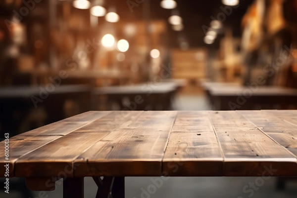 Obraz Rustic Wooden Tabletop with Blurred Workshop Background - Generative AI