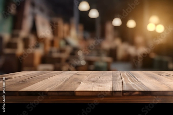 Obraz Rustic Wooden Tabletop with Blurred Workshop Background - Generative AI