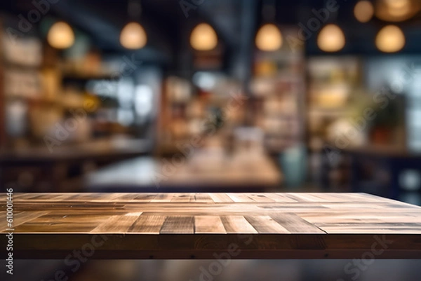 Obraz Rustic Wooden Tabletop with Blurred Workshop Background - Generative AI