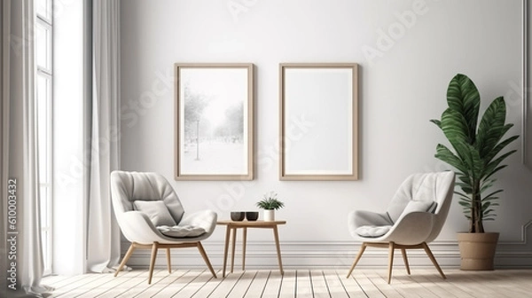 Fototapeta Blank picture frame mockup on white wall Generative AI