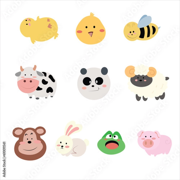 Fototapeta Set of vector animal faces. Illustrations of cute animal heads. Smiling animals. Children cartoons. 