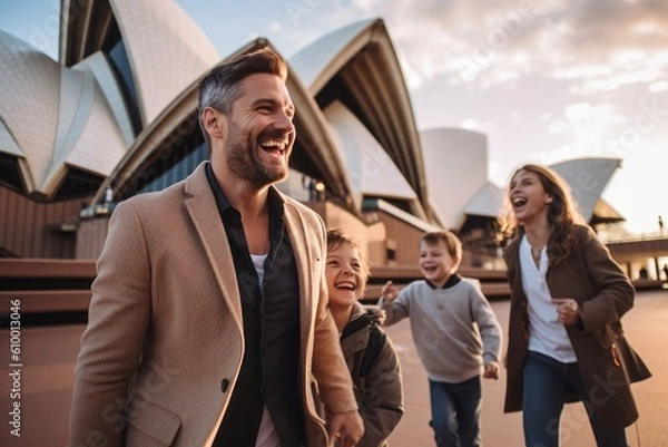 Obraz Lifestyle portrait photography of a grinning man in his 40s that is with the family at the Sydney Opera House in Sydney Australia . Generative AI