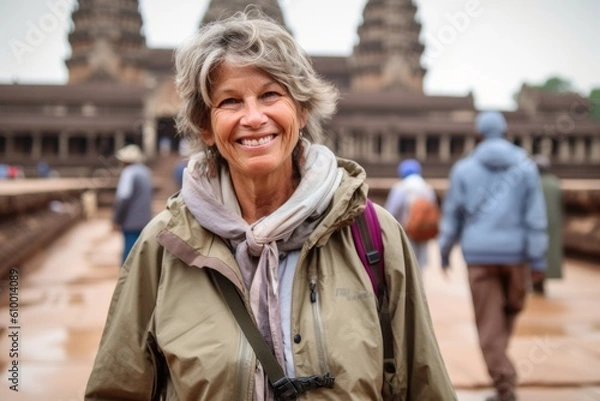 Fototapeta Portrait of a smiling senior woman in front of Angkor Wat