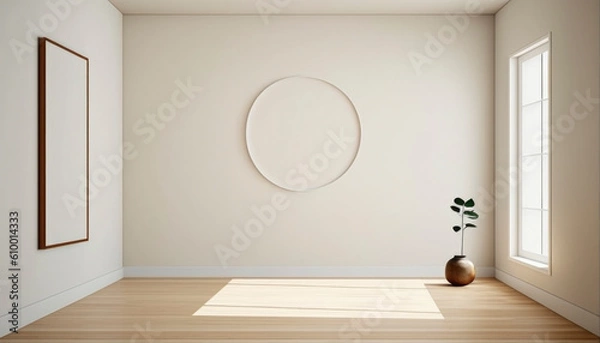 Fototapeta beige and soft tone like japan style room with circle frame and plants with wooden floor