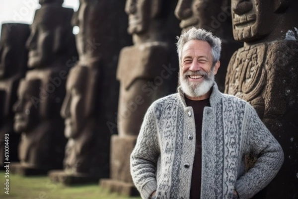 Obraz Portrait of a happy senior man smiling at camera in front of the ancient statues at Ahu Tongariki, Easter Island, Chile