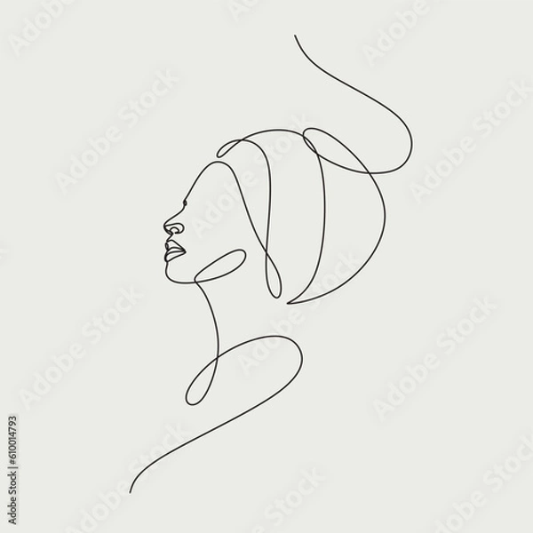 Obraz Afro american woman in a modern abstract minimalist one line style. Continuous black line simple drawing. Minimalist face female line art logo