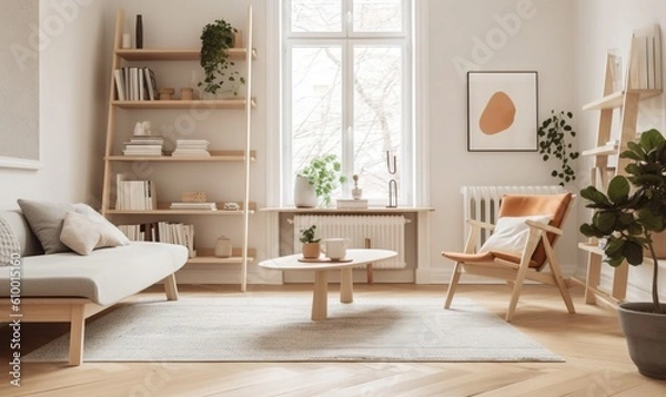Fototapeta  a living room with a couch, chair, coffee table, and bookshelf in the corner of the room with a large window.  generative ai