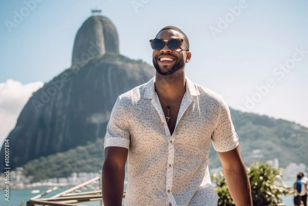 Fototapeta Portrait of a young african american man in sunglasses and a white shirt on the background of the island of Santorini.