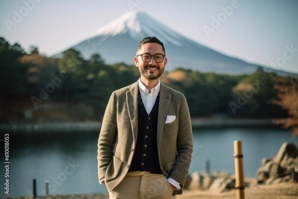 Fototapeta Handsome young man posing in front of a Mt. Fuji