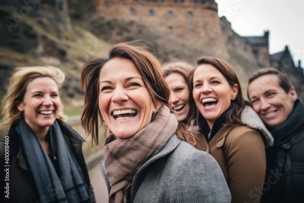 Fototapeta Group portrait photography of a pleased woman in her 40s that is smiling with friends at the Edinburgh Castle Scotland . Generative AI