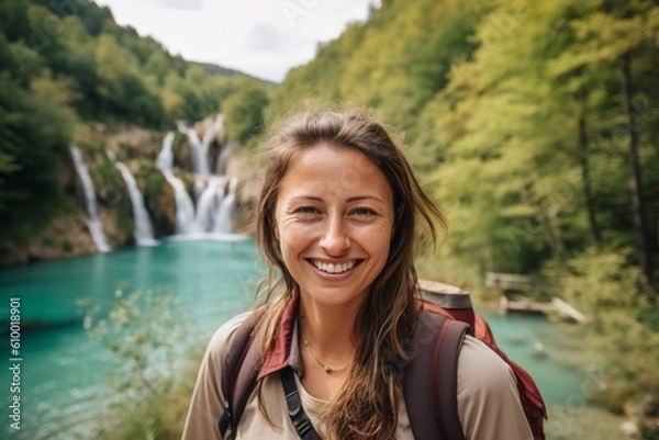 Obraz Headshot portrait photography of a pleased woman in her 30s that is with the family at the Plitvice Lakes National Park Croatia . Generative AI