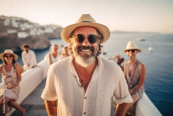 Fototapeta Group portrait photography of a satisfied man in his 40s that is smiling with friends at the Santorini Island in Greece . Generative AI