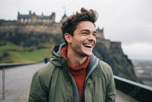 Fototapeta Lifestyle portrait photography of a grinning man in his 20s that is smiling with friends at the Edinburgh Castle in Edinburgh Scotland . Generative AI