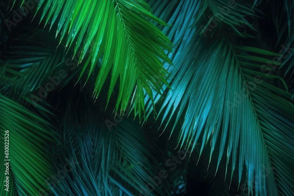 Fototapeta Background texture green palm leaves tropical jungle. AI