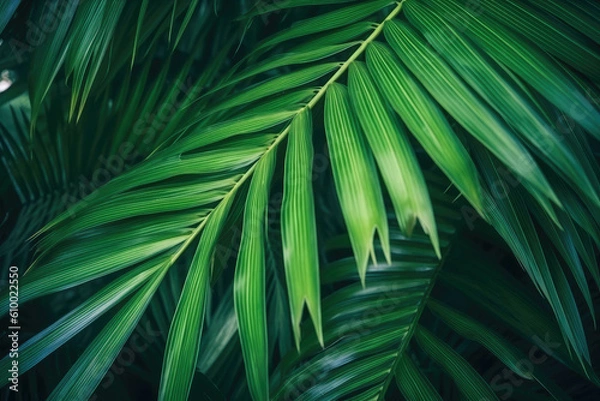 Fototapeta Background texture green palm leaves tropical jungle. AI