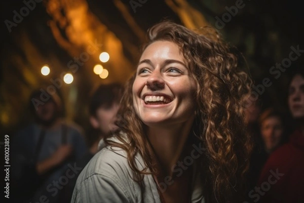 Fototapeta Portrait of a smiling young woman in a pub or club.