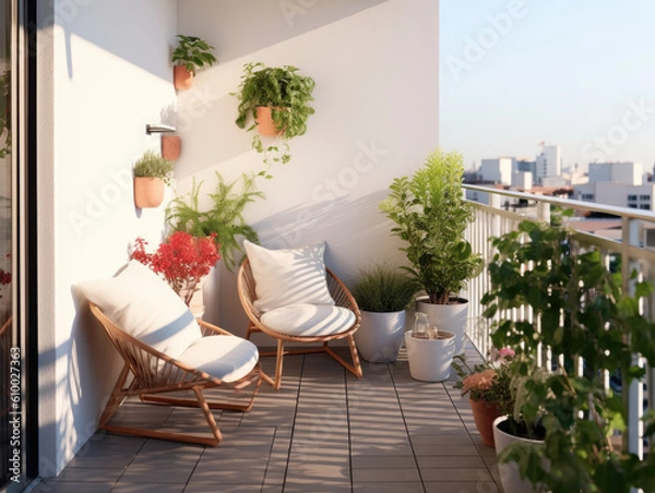 Fototapeta Cozy, minimalistic, modern balcony ideas. Comfortable seatings with plants.