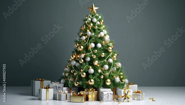 Fototapeta Decorated christmas tree with balls,bells and gifts in grey background - Generative AI