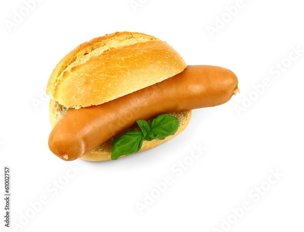 Fototapeta German sausage with bun and basil